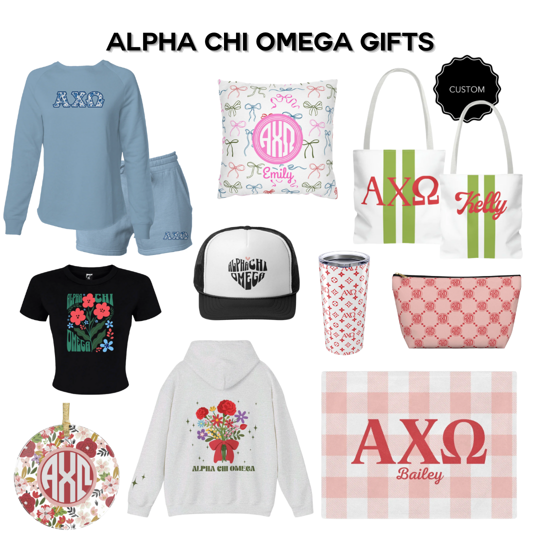 Alpha Chi Omega sorority gifts – sweatshirts, tote bags, pillows, ornaments, tumblers