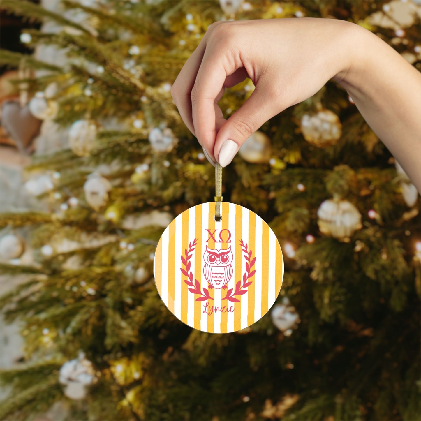 Chi Omega Personalized Owl Glass Ornament - Ivy Society