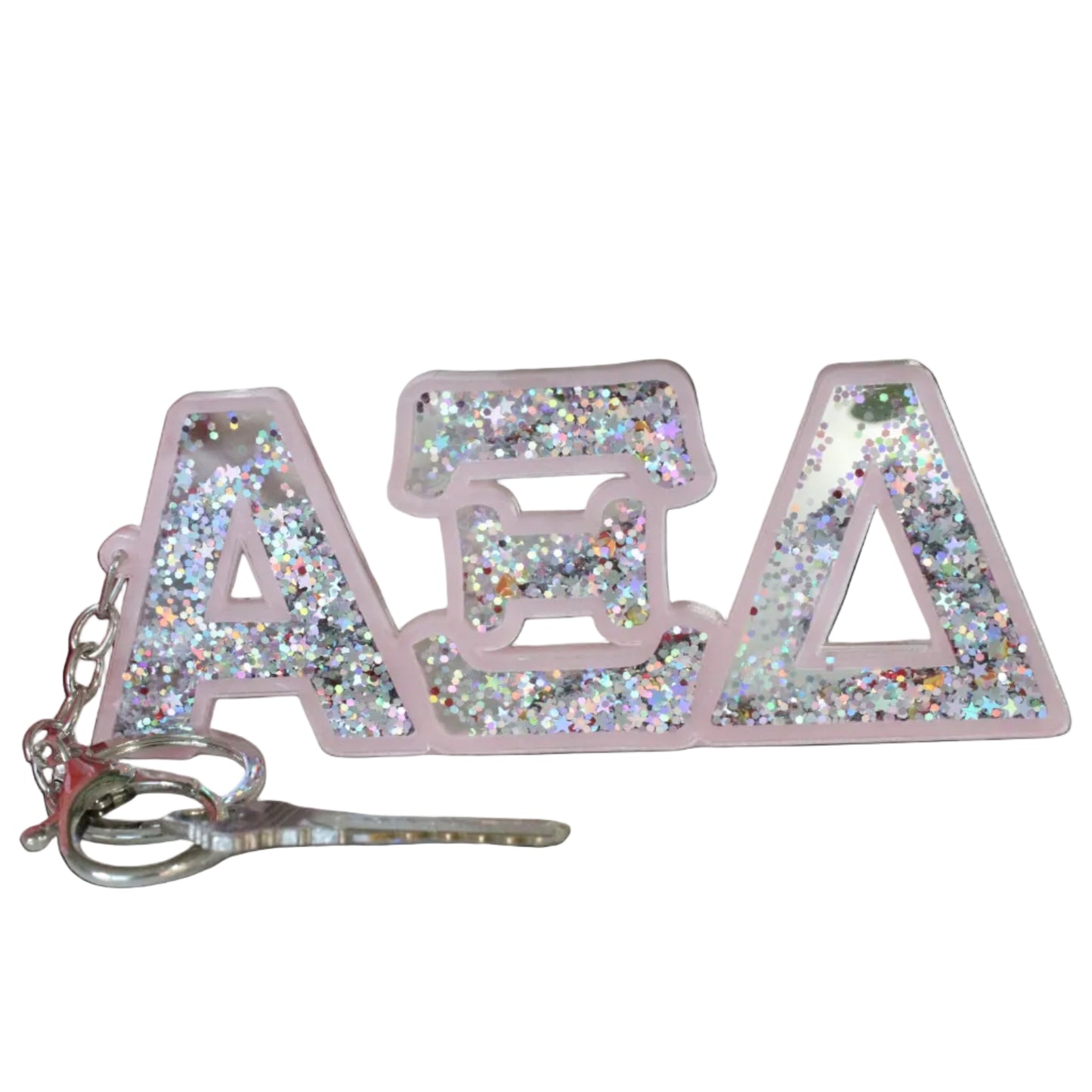 Keychain with glittery letters 'A', 'B', 'C', 'D' on a white background