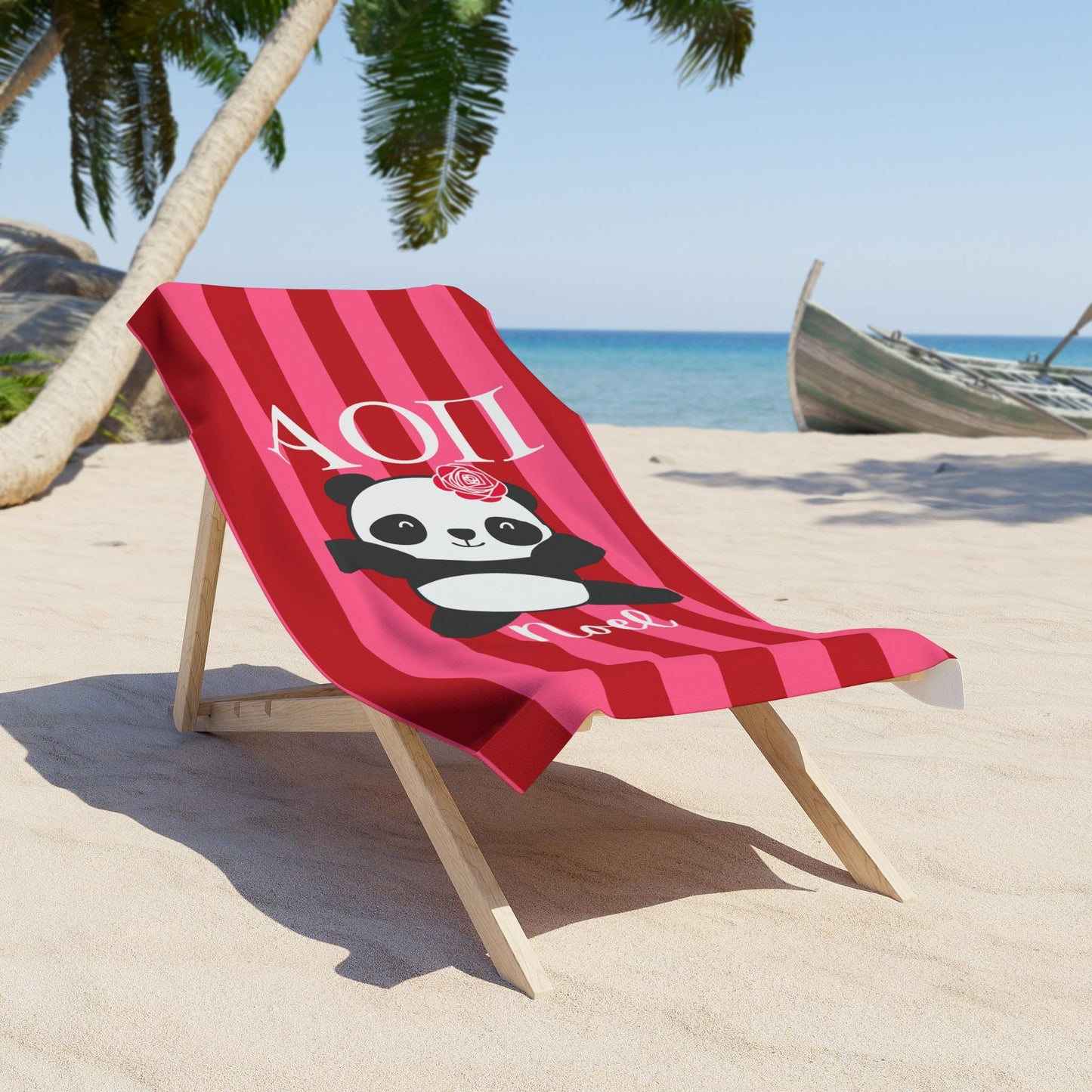 Alpha Omicron Pi Personalized Stripe Panda Beach Towel - Ivy Society