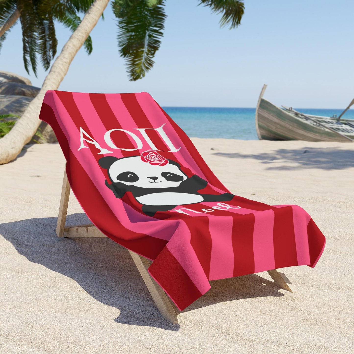 Alpha Omicron Pi Personalized Stripe Panda Beach Towel - Ivy Society