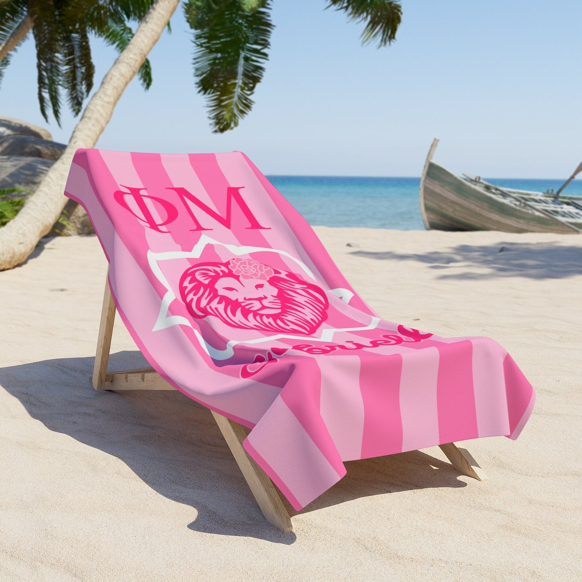 Phi Mu Personalized Lion Stripe Beach Towel - Ivy Society