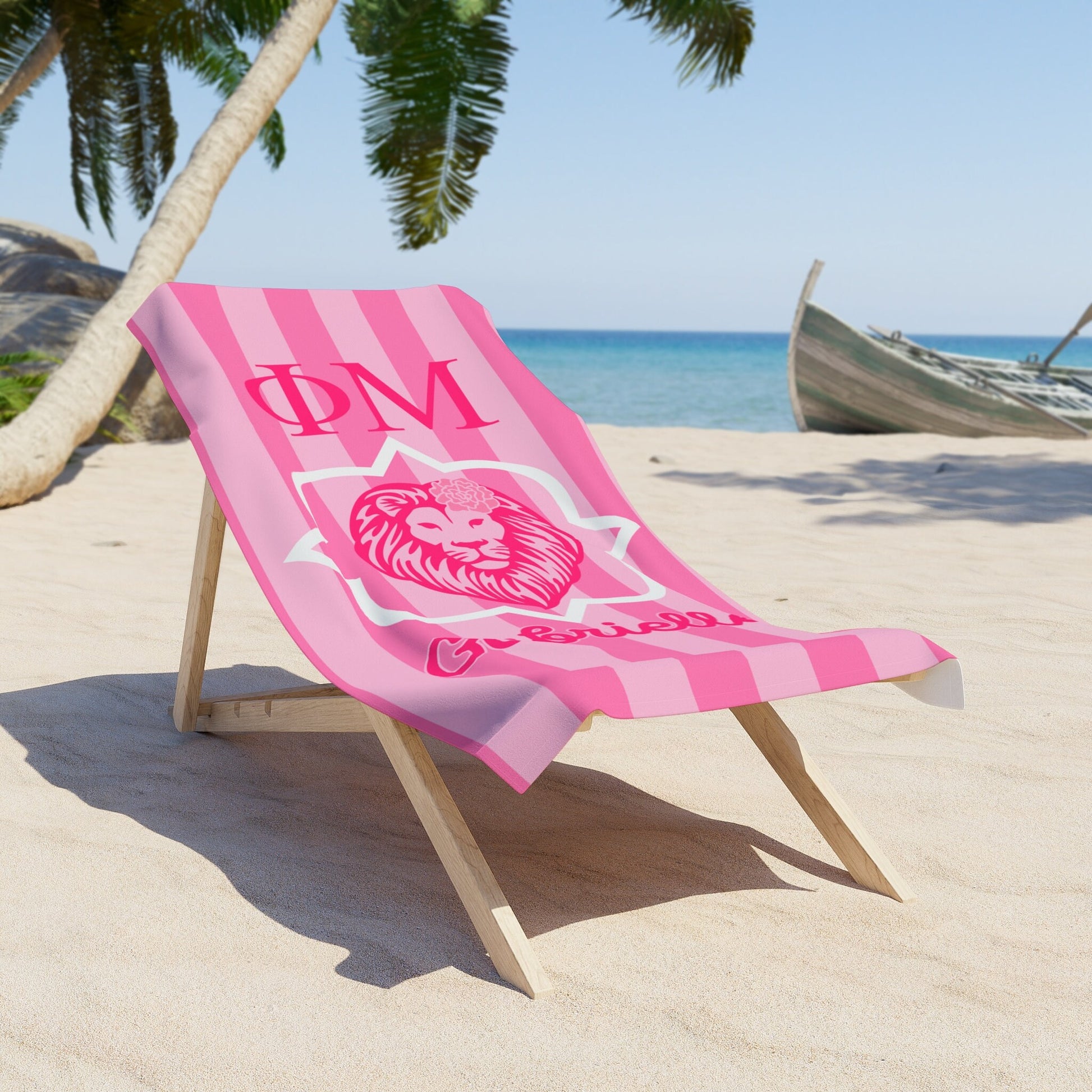 Phi Mu Personalized Lion Stripe Beach Towel - Ivy Society