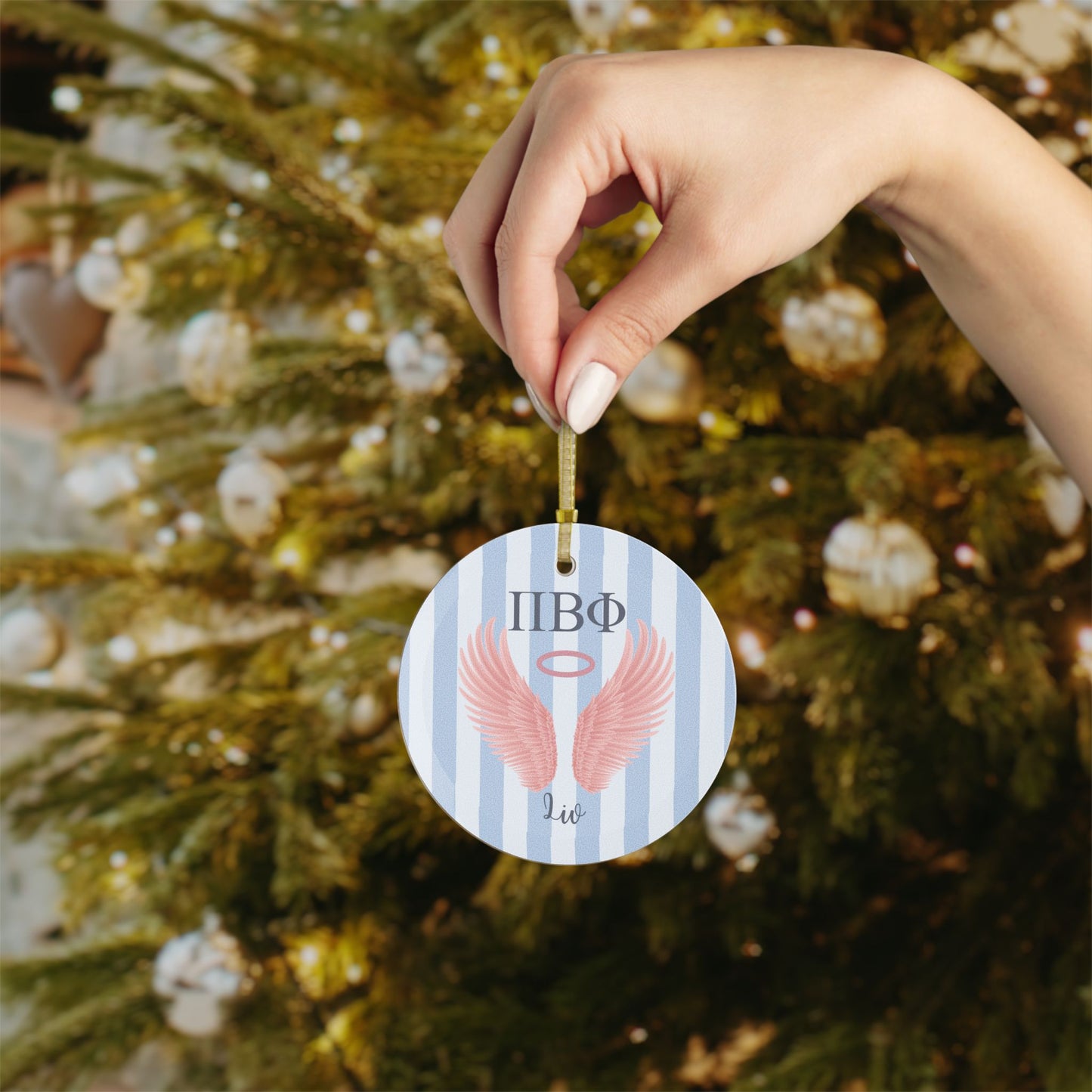 Pi Beta Phi Personalized Pink Angel Wing Ornament - Ivy Society