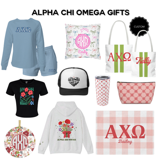 Alpha Chi Omega sorority gifts – sweatshirts, tote bags, pillows, ornaments, tumblers