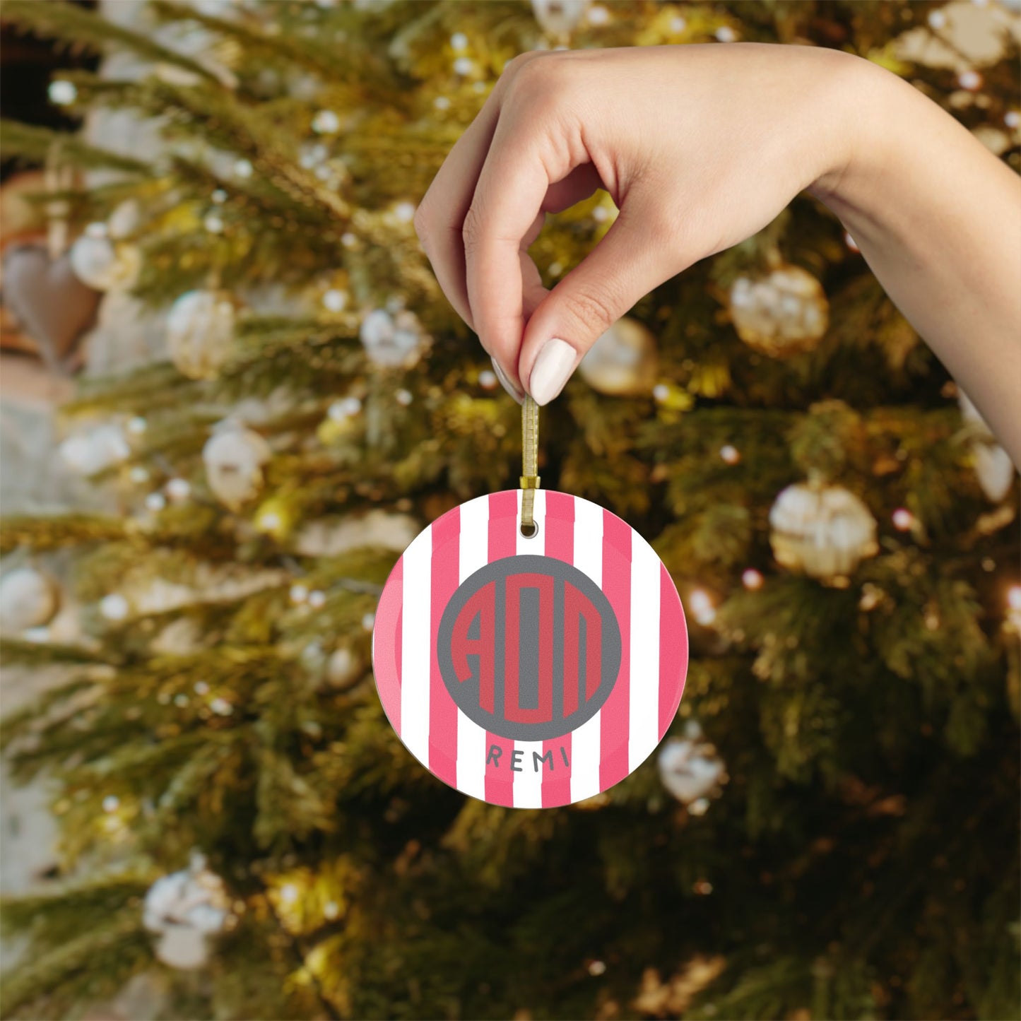 Alpha Omicron Pi Personalized Stripe Glass Ornament - Ivy Society
