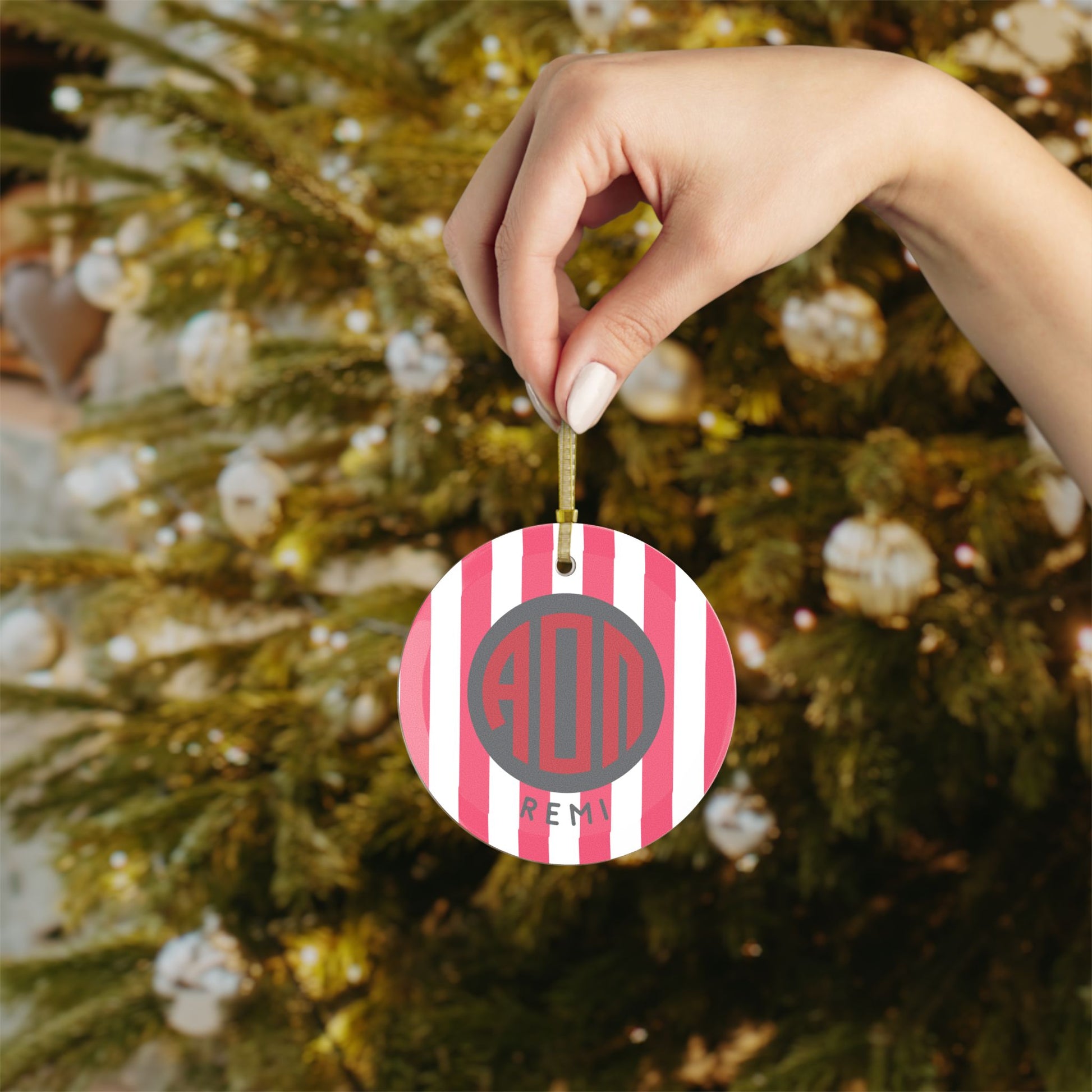 Alpha Omicron Pi Personalized Stripe Glass Ornament - Ivy Society