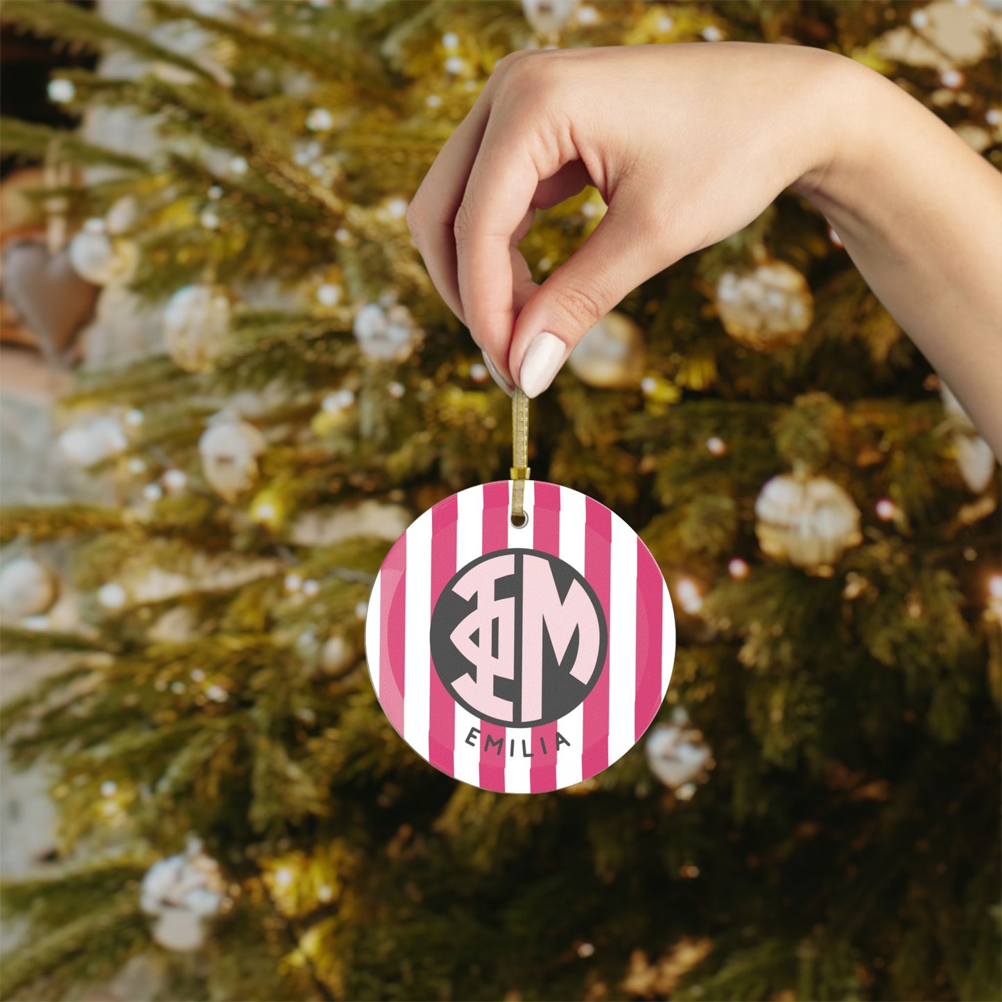 Phi Mu Personalized Stripe Glass Ornament - Ivy Society
