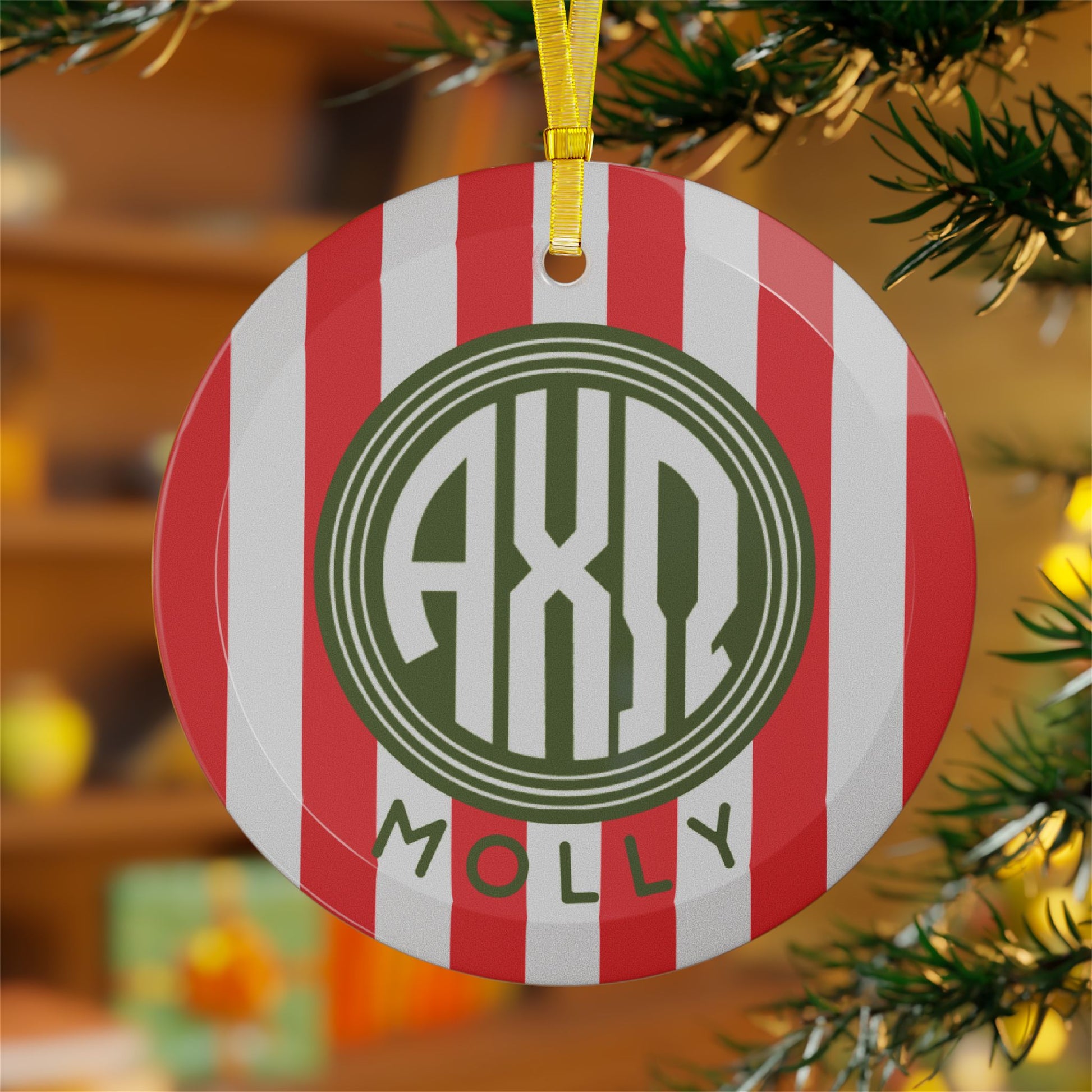 Alpha Chi Omega Personalized Stripe Glass Ornament - Ivy Society