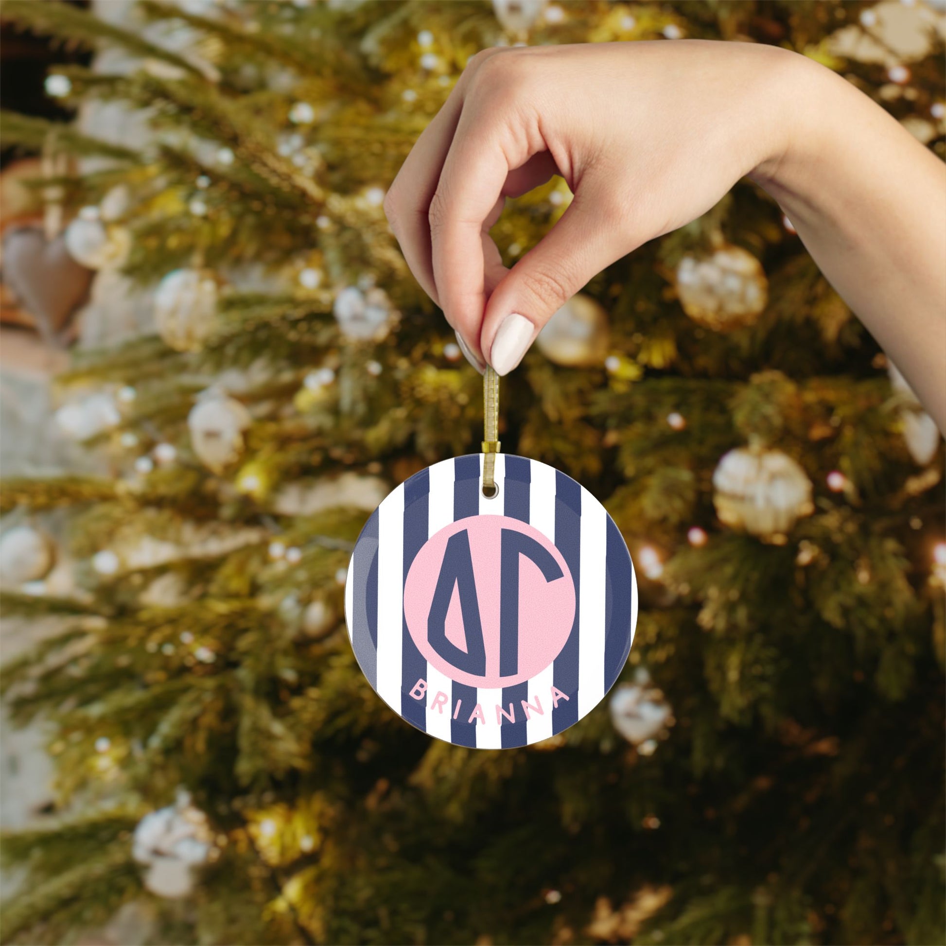 Delta Gamma Personalized Stripe Glass Ornament - Ivy Society