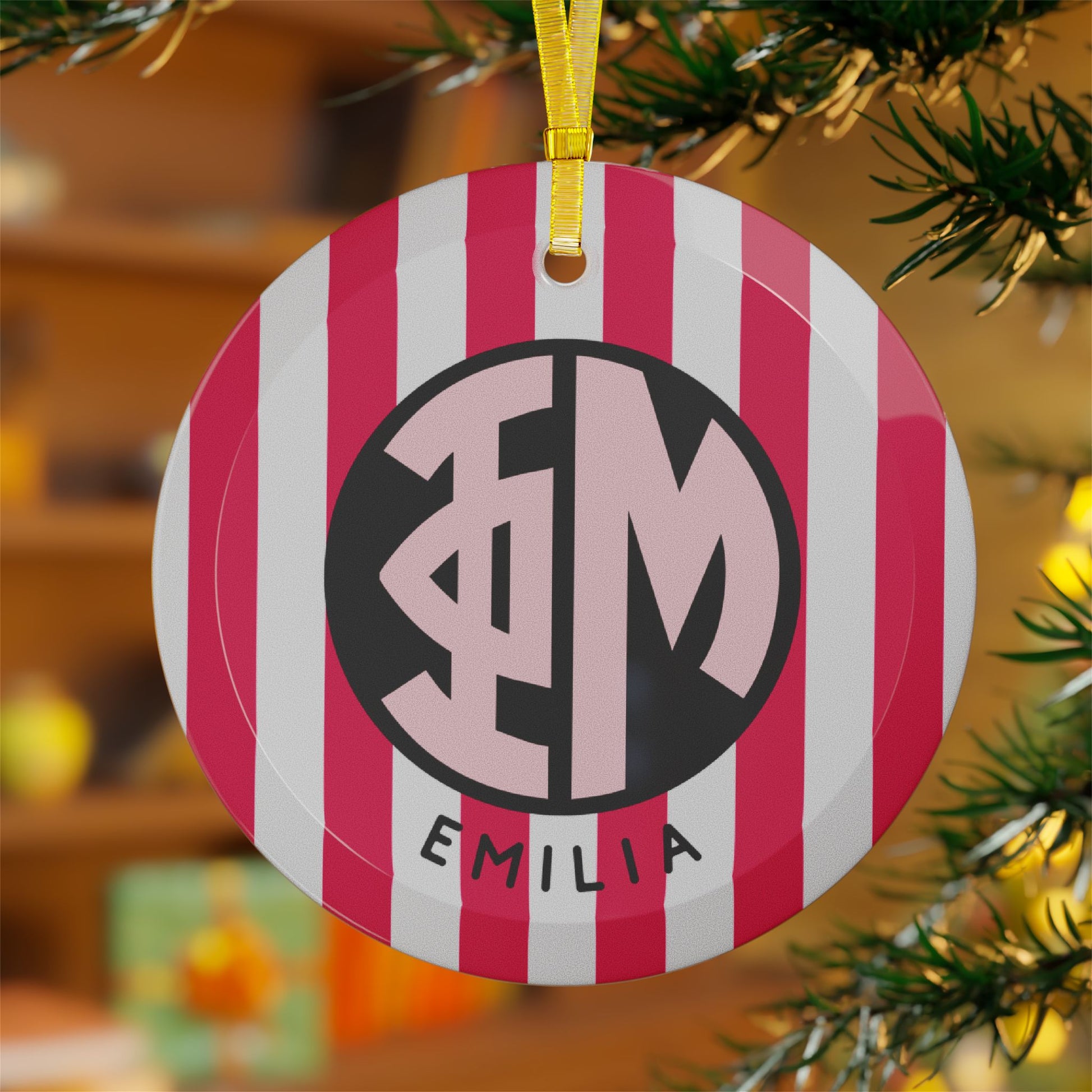 Phi Mu Personalized Stripe Glass Ornament - Ivy Society