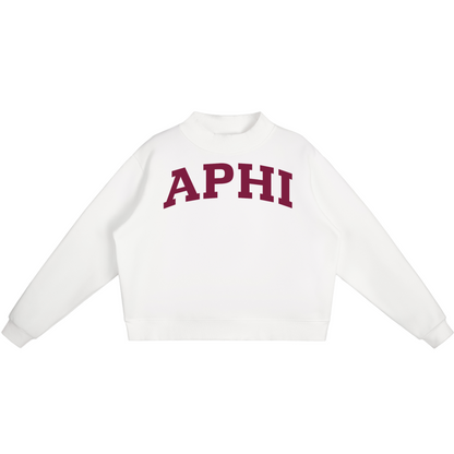 White sweatshirt with 'APHI' text on a white background