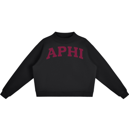 Black sweatshirt with 'APHI' text on a white background