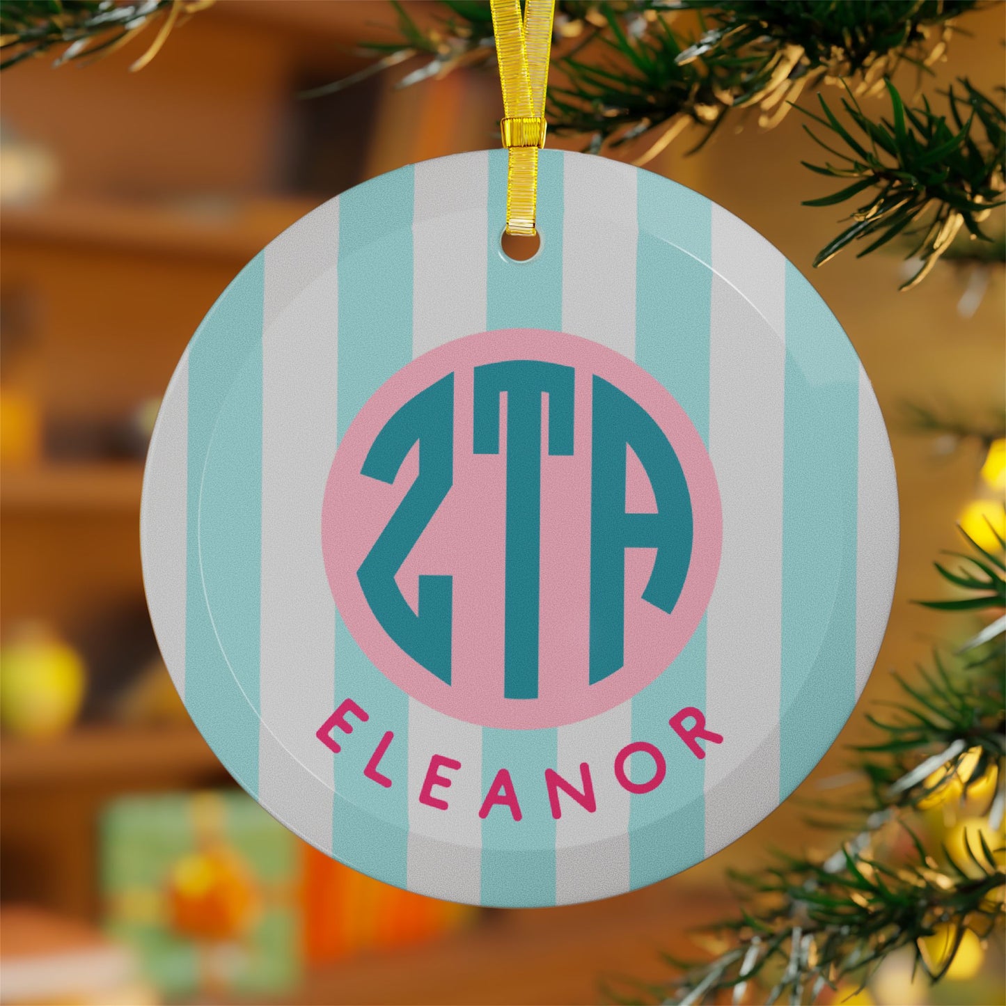 Zeta Tau Alpha Personalized Stripe Glass Ornament - Ivy Society