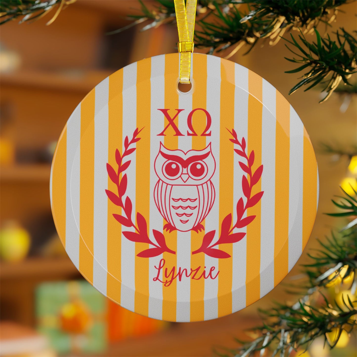 Chi Omega Personalized Owl Glass Ornament - Ivy Society