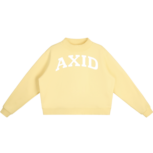 Yellow sweatshirt with 'AXID' text on a white background