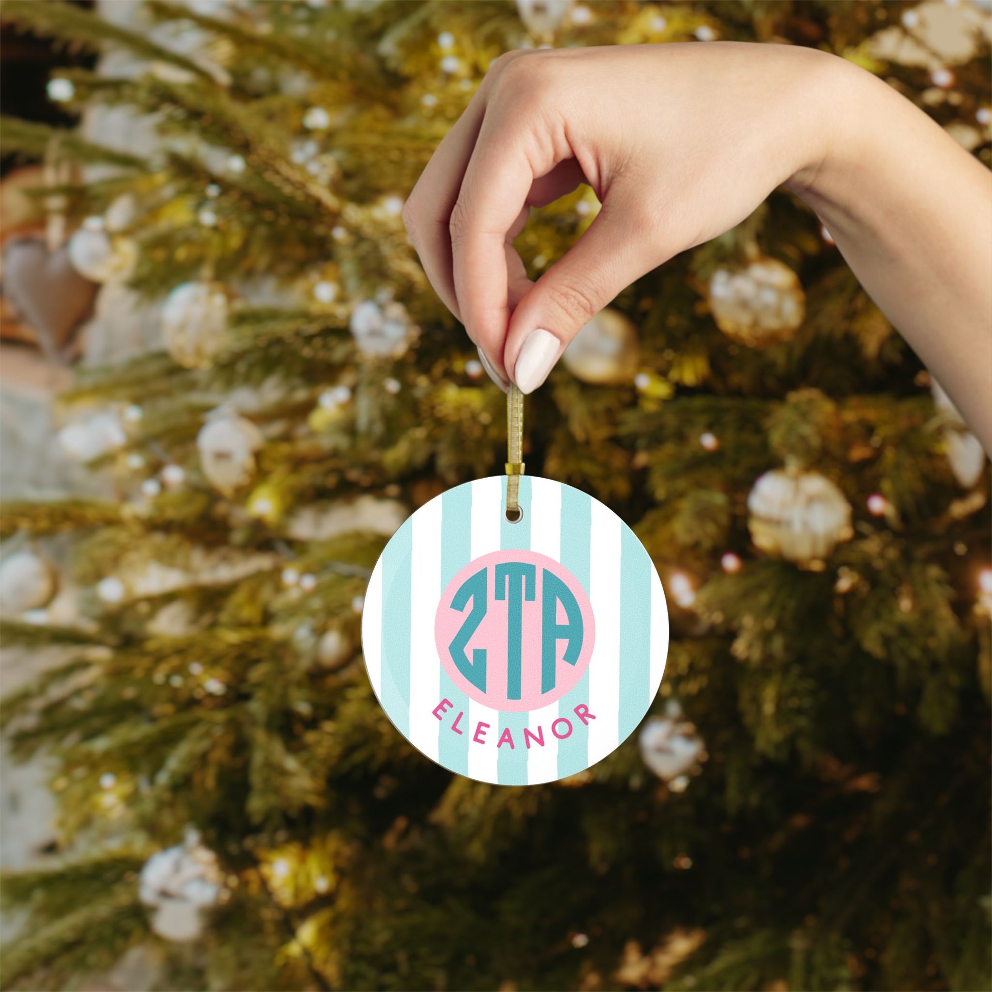 Zeta Tau Alpha Personalized Stripe Glass Ornament - Ivy Society