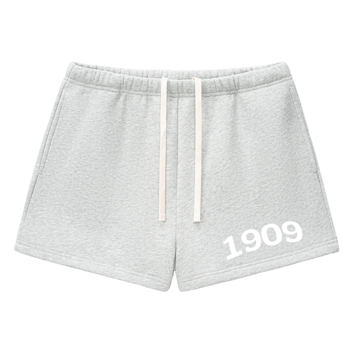Gray shorts with '1909' printed on a white background