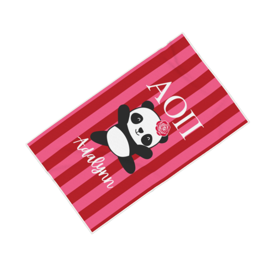 Alpha Omicron Pi Personalized Stripe Panda Beach Towel - Ivy Society