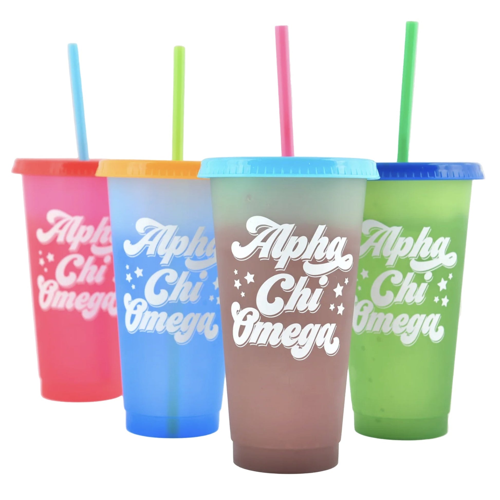 Four colorful tumblers with 'Alpha Chi Omega' text on a white background