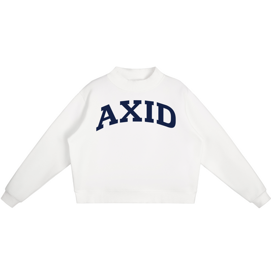 White sweatshirt with 'AXID' text on a white background