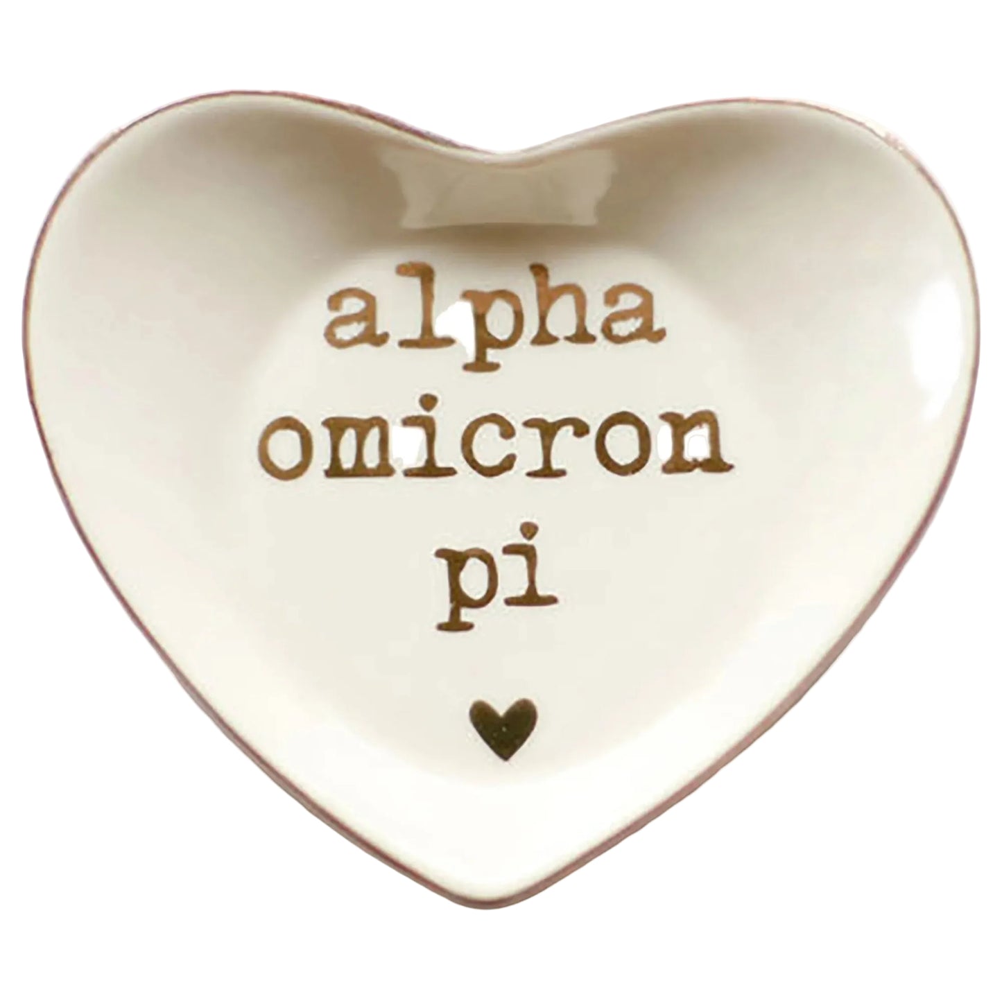 Heart-shaped ceramic dish with 'alpha omicron pi' text on a white background