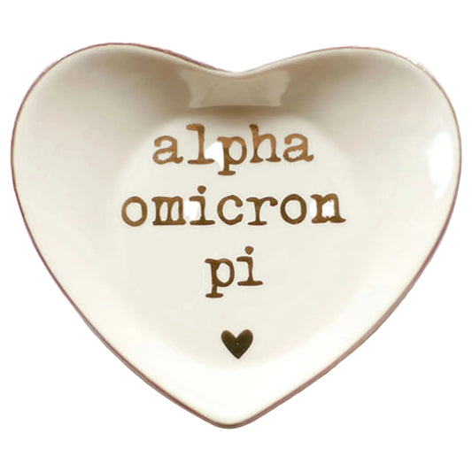 Heart-shaped ceramic dish with 'alpha omicron pi' text on a white background