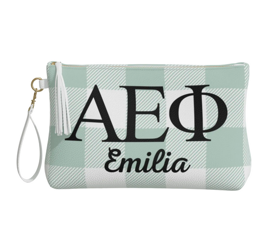 Alpha Epsilon Phi Personalized Plaid Vegan Leather Makeup Bag - Ivy Society