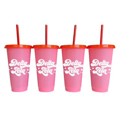 Delta Zeta Pink Glitter Color Changing Cup 4 Pack - Ivy Society