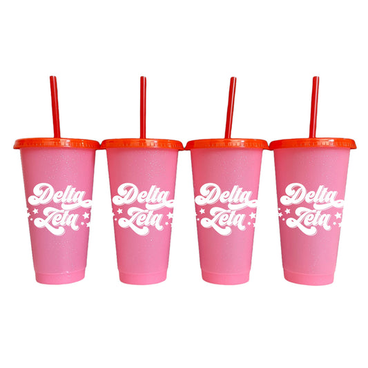 Delta Zeta Pink Glitter Color Changing Cup 4 Pack - Ivy Society
