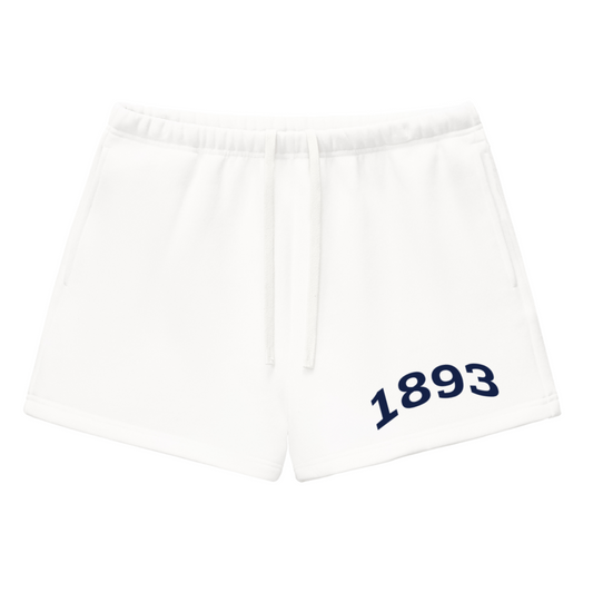 White shorts with '1893' printed on a white background