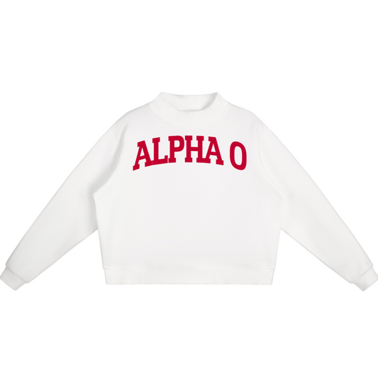 White sweatshirt with 'ALPHA O' printed in red on a white background