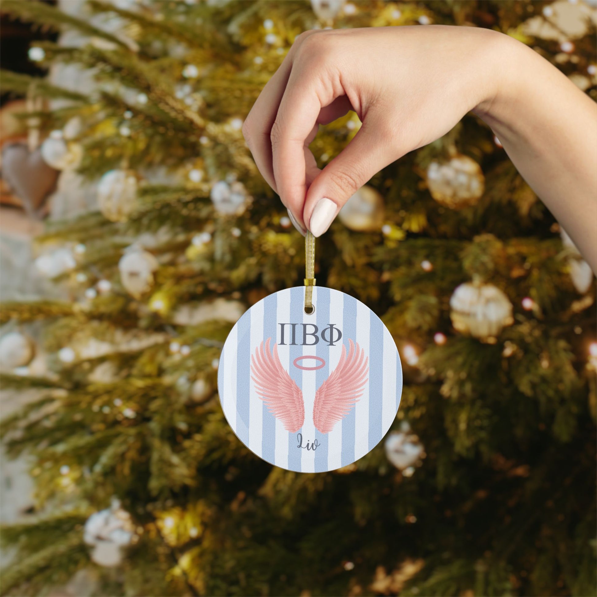 Pi Beta Phi Personalized Pink Angel Wing Ornament - Ivy Society