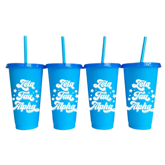 Zeta Tau Alpha Blue Glitter Color Changing Cup 4 Pack